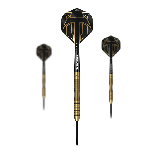 Mission Viktor Tingstrom Gold Steeldarts - 22g als Set dargestellt. Das Foto zeigt das komplette Set der Steeldarts.