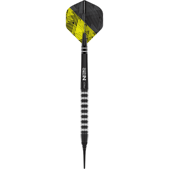 Das Bild zeigt einen Red Dragon Razor Edge Elite Softdart mit einem Gewicht von 20 Gramm. Der Dartpfeil hat ein schwarzes und silbernes Design mit einem strukturierten Griff.