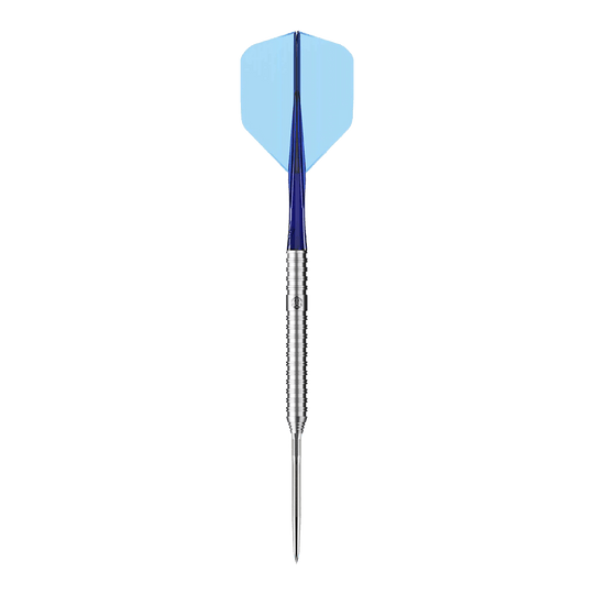Dardos de acero Caliburn Forge F3 - 22 g Das Bild zeigt einen Caliburn Forge F3 Steeldart mit einem Gewicht von 22 Gramm. Der Dart hat einen silbernen Schaft, einen blauen Flight und eine spitze Metallspitze.