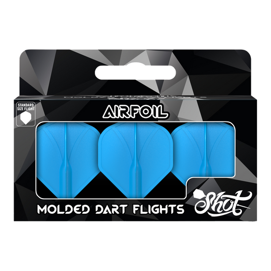 Perfil aerodinámico moldeado No2 Vuelos estándar Das Bild zeigt eine Packung mit drei blauen, geformten Dart-Flights der Marke Shot. Auf der Verpackung steht "Airfoil" und "Molded Dart Flights".