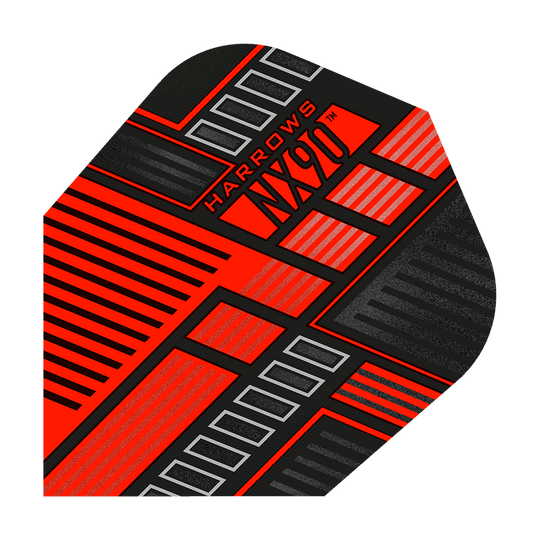 HR50_Harrows_Prime_NX90_Red_No6_Flights_1WTmEENJXMvftC Dies ist ein Harrows Prime NX90 Red Flight für Darts. Das Flight hat ein auffälliges, modernes Design in Rot und Schwarz mit Linien- und Rechteckmustern.