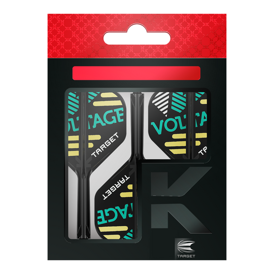 Sistema de eje de vuelo estándar Target K-Flex Rob Cross No2 Das Bild zeigt eine Verpackung mit Dart-Zubehör der Marke Target. In der Packung sind drei schwarze Flights und Schäfte mit dem Aufdruck "VOLTAGE" zu sehen.