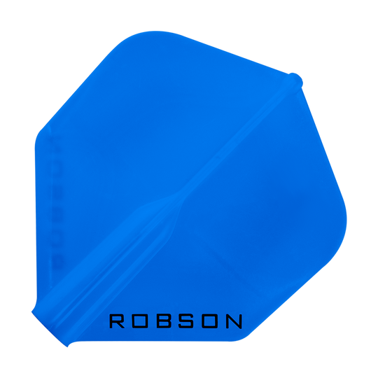 Robson Plus Standard Flights Dies ist ein blaues Dartflight mit der Aufschrift "ROBSON". Es hat eine standardmäßige, rautenförmige Form.