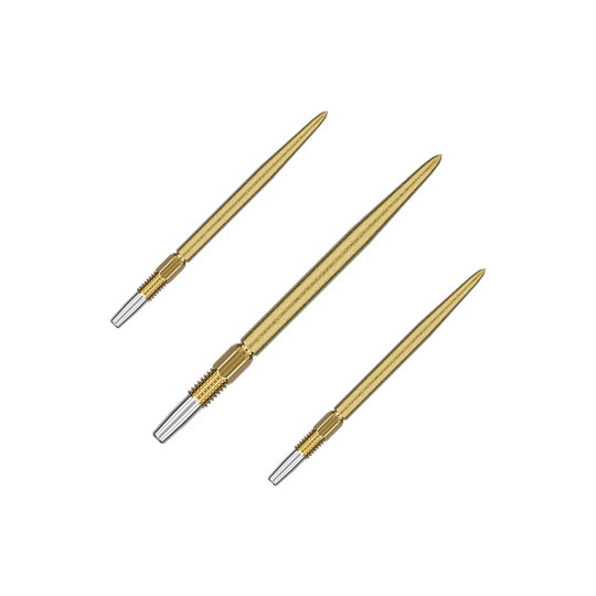 Puntas de dardos Target Swiss Point SLK - doradas Das Bild zeigt drei goldfarbene Dartspitzen, die nebeneinander liegen. Die Spitzen haben ein schlankes, glänzendes Design mit silbernen Enden.