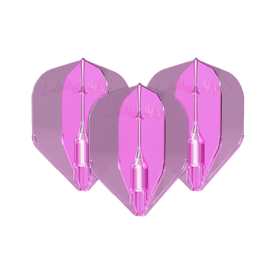 Plumas L-Style Fantom L3EZ Rosa Transparente Das Bild zeigt drei klare, pinke Dartflights des Modells "L-Style Fantom L3EZ". Die Flights sind transparent und haben eine leuchtend pinke Farbe.