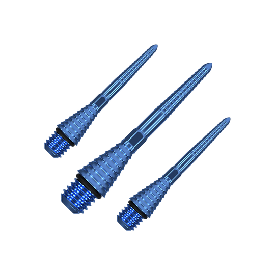 380176_Target_Titanium_Swiss_Point_Grooved_Conversion_Points_Blau_26mm_1 Auf dem Bild sind drei blaue, gerillte Spitzen mit Gewinde zu sehen. Sie sind aus Metall und haben eine konische Form.