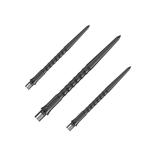Dargestellt ist ein Set schwarzer Steeldartspitzen mit Ripple NoLip Design, 36 mm lang. Diese sind Bestandteil des Caliburn Evo Systems.