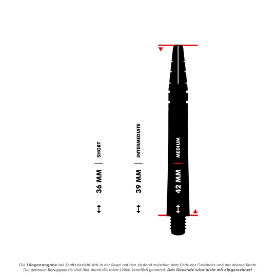 C792_Red_Dragon_Nitrotech_Peter_Wright_Purple_Ionic_Shafts_5_42mm9Rwgc4N0ZpVM0 Das Bild zeigt einen Größenvergleich von drei verschiedenen Shafts für Dartpfeile mit den Längen 36 mm (Short), 39 mm (Intermediate) und 42 mm (Medium). Die roten Linien markieren den Messbereich ohne das Gewinde, wie in der Bildunterschrift erklärt.