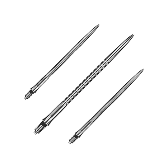 Dieses Bild zeigt ein Set silberner Dartspitzen mit Rillen. Die Spitzen haben eine Länge von etwa 45mm.