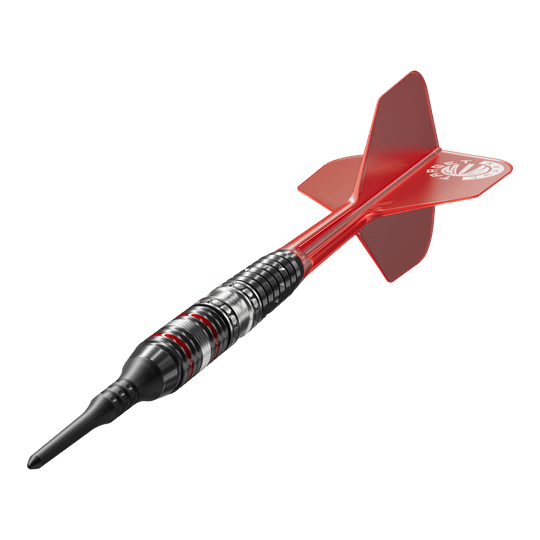 Dardos blandos Target Japan Prime Series Diamond GEN3 - 18 g Das Bild zeigt einen Softdart der Serie "Target Japan Prime Series Diamond GEN3" mit einem Gewicht von 18g. Der Dart ist schwarz-silbern mit roten Akzenten und hat eine rote Flights.