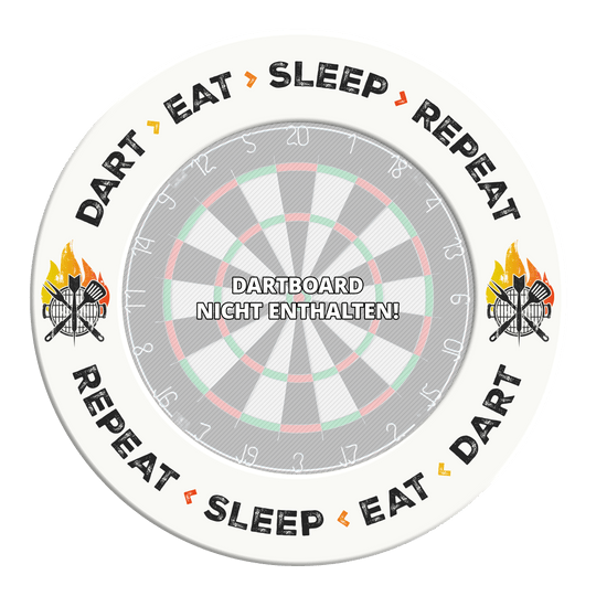Diana McDart: Dardos, Comer, Dormir, Repetir Auf diesem Bild steht der Text 'Dart Eat Sleep Repeat' in weiß auf einem Hintergrund. Das Bild ist wahrscheinlich ein Design oder Zubehör für Dartliebhaber.