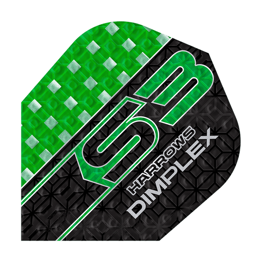 Plumas Harrows Dimplex S3 - Verde Das Bild zeigt ein Harrows Dimplex S3 Dart Flight in grün und schwarz mit geometrischem Muster. Auf dem Flight steht "S3 Harrows Dimplex" in auffälliger Schrift.