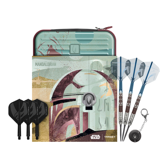 Dardos Target Star Wars Mandalorian 95 Swiss Point de acero Abgebildet sind Target Star Wars Mandalorian 95 Swiss Point Steeldarts. Diese Darts haben ein einzigartiges Mandalorian-Design.