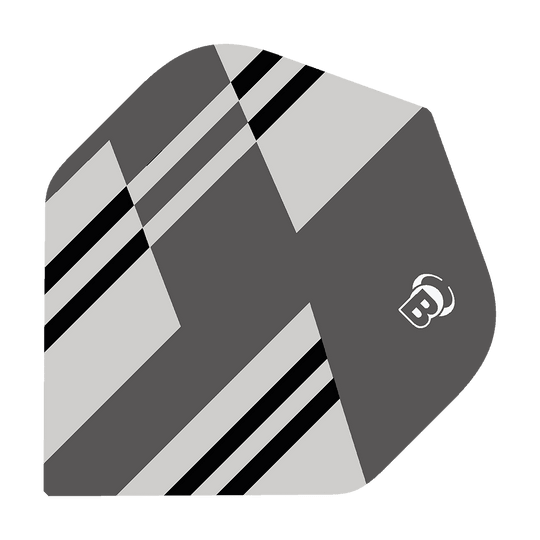 Vuelos estándar Bulls B-Star Tac No2 Das Bild zeigt das Produkt "Bulls B-Star Tac No2 Standard Flights". Das Flight ist grau mit schwarzen und weißen Streifen und hat ein modernes, geometrisches Design.