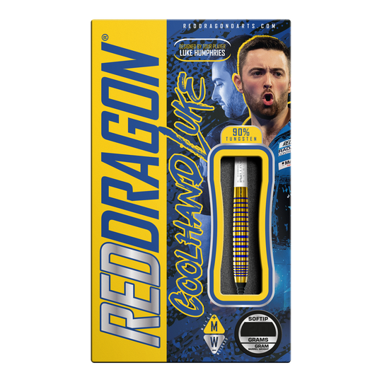 Dardos blandos Red Dragon Luke Humphries TX3 Gold SE - 20 g Die Verpackung zeigt die "Red Dragon Luke Humphries TX3 Gold SE Softdarts - 20g". Auf der Box sind ein Dartpfeil, das Bild eines Spielers und auffällige gelbe und blaue Grafiken zu sehen.