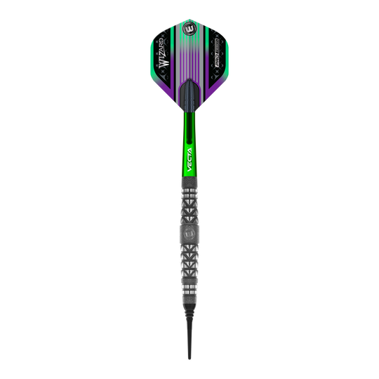Dardos suaves con agarre atomizado Winmau Simon Whitlock Das Bild zeigt den Winmau Simon Whitlock Atomised Grip Softdart. Der Dartpfeil hat grüne und schwarze Akzente sowie eine strukturierte Griffzone.