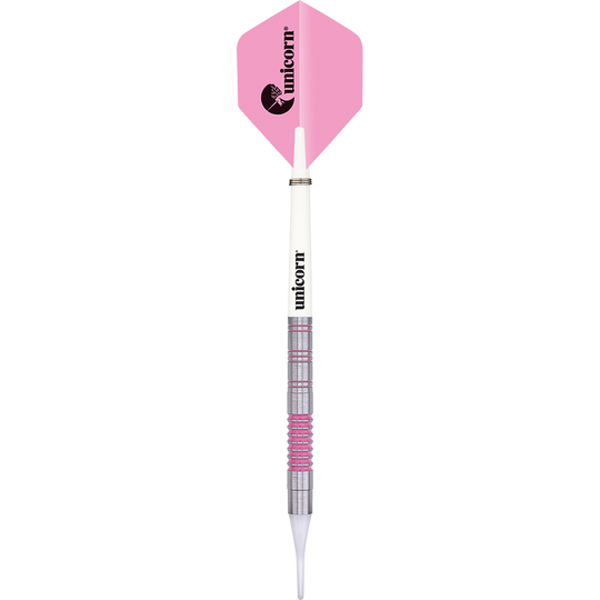 06033_Unicorn_Autograph_Softdarts_1nZM6WqPDc0wUz Das Bild zeigt einen Softdart der Marke Unicorn mit einem Gewicht von 19g. Der Dart hat eine pinke Flugfeder und einen silbernen Schaft mit pinken Akzenten.