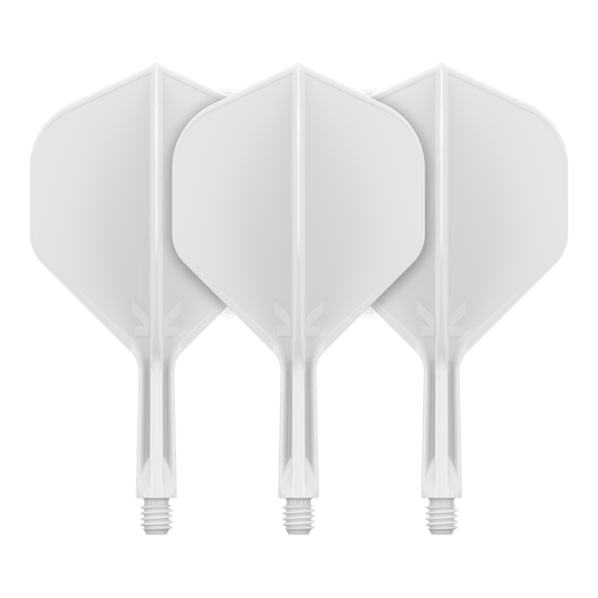 Sistema de vuelo estándar Target K-Flex No2 - Blanco Auf dem Bild sind drei weiße Dartflights mit integrierten Schäften zu sehen. Sie sind nebeneinander angeordnet und haben eine standardmäßige, breite Form.