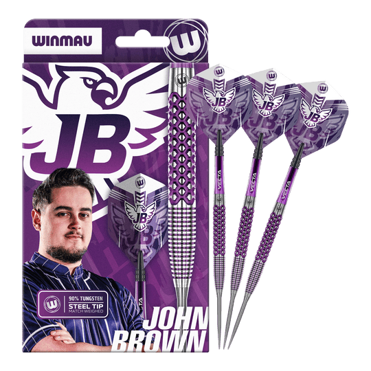 Zu sehen ist das komplette Winmau John Brown Signature Edition Steeldarts - 23g Set. Dieses Produkt steht für Präzision und Qualität im Dartspiel.