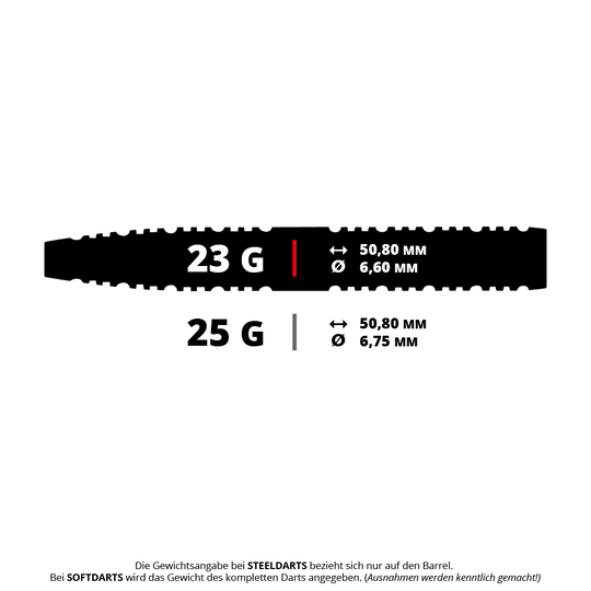 Dardos Red Dragon Dragonfly 95 de acero cónico negro Auf dem Bild sind die technischen Daten für zwei Steeldarts-Gewichte zu sehen: 23 Gramm und 25 Gramm. Beide Darts haben eine Länge von 50,80 mm; der Durchmesser beträgt 6,60 mm bei 23 g und 6,75 mm bei 25 g.