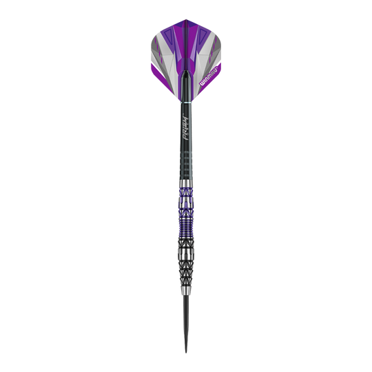 Dardos de acero Winmau Simon Whitlock Edición Especial 2020 Das Bild zeigt den Winmau Simon Whitlock Special Edition 2020 Steeldart. Der Dart hat ein auffälliges Design mit lila, schwarzen und silbernen Akzenten.