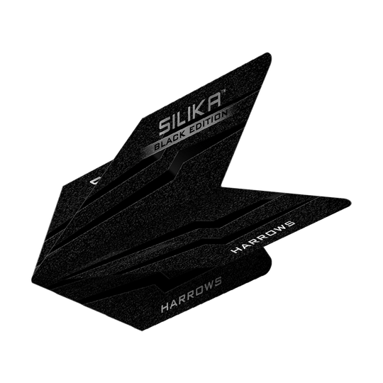 Vuelos Harrows Silika Black Edition Velos Das Bild zeigt die Harrows Silika Black-Edition Velos Flights. Die Flights sind schwarz mit silbernen Schriftzügen und haben ein modernes, eckiges Design.