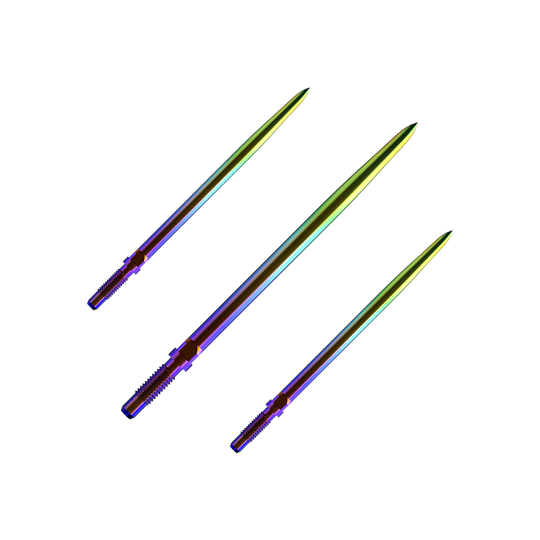 Puntas de dardo convertibles Bulls NL - Lisas - Arcoíris Ein Bild mit dem Dateinamen BU57716_BullsNL_Convertible_Points_Smooth_Rainbow_36mm_1Set. Es zeigt wahrscheinlich ein Set von Dartspitzen in Regenbogenfarben.