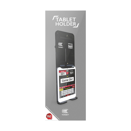 119649_Target_Tablet_Wandhalterung_3 Das Bild zeigt die "Target Tablet Wandhalterung" zur Befestigung eines Tablets an der Wand. Auf dem Tablet ist eine Dartspiel-App zu sehen.