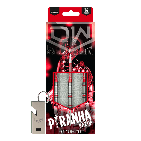 Dardos de acero DW Piranha Razor 01 Das Bild zeigt die Verpackung der "DW Piranha Razor 01 Steeldarts". In der Packung sind drei Darts aus 90% Tungsten und ein silberner Schlüsselanhänger enthalten.