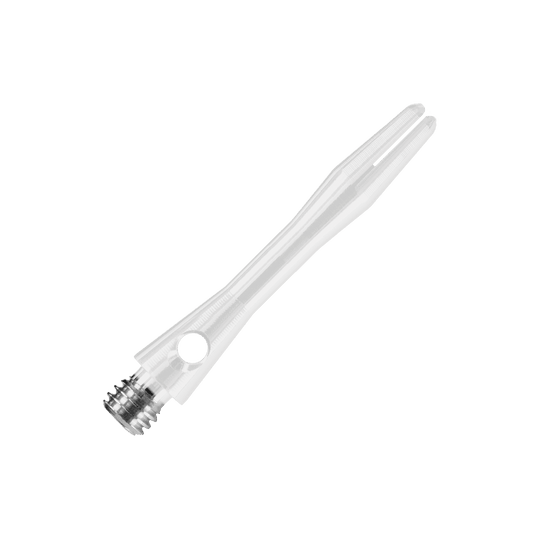 HR372_Harrows_Keramic_Shafts_Weiss_35mm_2 Das Bild zeigt einen weißen Harrows Keramic Shaft für Dartpfeile. Der Schaft hat ein glattes, leicht durchsichtiges Design mit einem Metallgewinde am Ende.