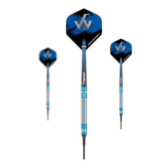 Dardos blandos Bulls Jermaine Wattimena Generation 3 - 20 g Das Bild zeigt die Bulls Jermaine Wattimena Generation 3 Softdarts mit einem Gewicht von 20g. Die Darts haben ein blau-silbernes Design mit schwarzen und blauen Flights.