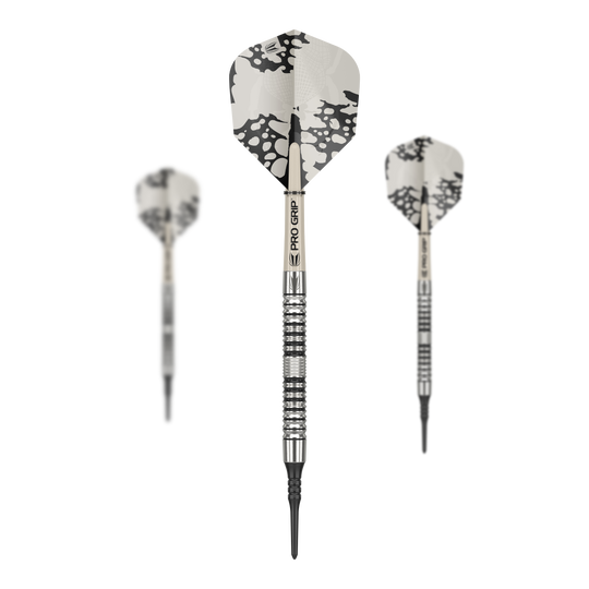 Dardos blandos Target EXO 10 Das Bild zeigt drei Target EXO 10 Softdarts mit silbernen Schäften und schwarz-weißen Flights. Die Darts haben eine strukturierte Griffzone und sind für Präzision im Spiel ausgelegt.