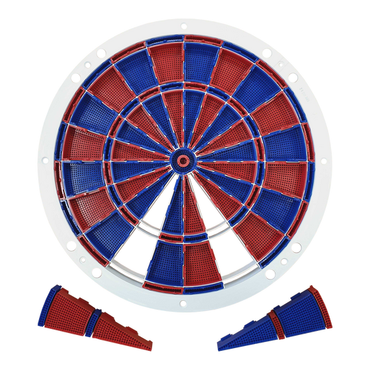 Repuestos para dardos Löwen Dart, juego de 82 segmentos y araña Auf dem Bild ist ein Ersatzteil-Set für eine elektronische Dartscheibe zu sehen. Die Segmente sind abwechselnd rot und blau gefärbt und werden von einem weißen Rahmen gehalten.