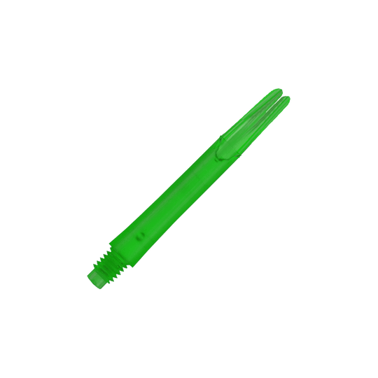 Ejes en L estilo L bloqueados rectos - Verde Auf dem Bild ist ein grüner, gerader Dart-Schaft zu sehen. Der Schaft hat ein Gewinde am unteren Ende und eine gesplittete Spitze am oberen Ende.
