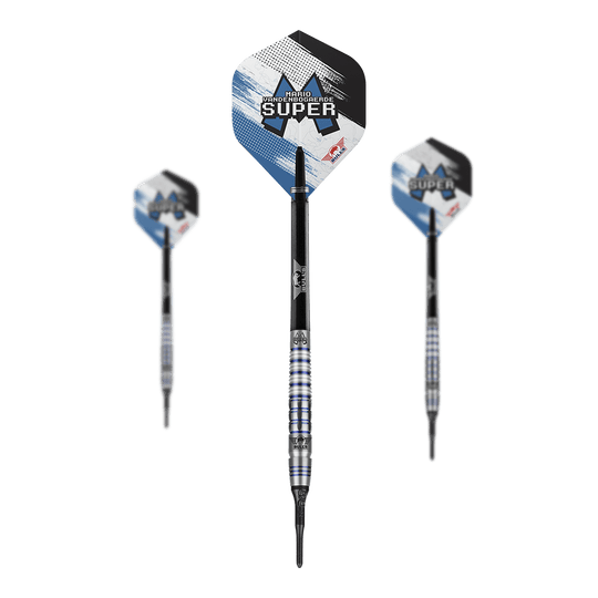 Dardos suaves Bulls NL Mario Vandenbogaerde 90% - 20 g Auf dem Bild sind drei Softdarts des Modells "Bulls NL Mario Vandenbogaerde 90% Softdarts - 20g" zu sehen. Die Darts haben silberne und blaue Akzente mit dem Namen des Spielers auf den Flights.