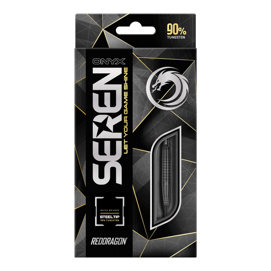 Red Dragon Seren 4 Dardos de Acero de Ónix Das Bild zeigt die Verpackung der "Red Dragon Seren 4 Onyx Steeldarts". Auf der Verpackung steht, dass die Darts aus 90% Tungsten bestehen.