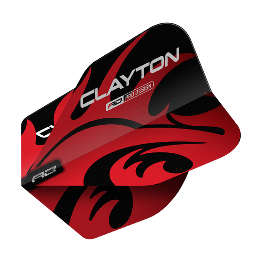 Red Dragon Jonny Clayton Rojo Negro No6 Vuelos Das Bild zeigt ein Dart-Flight mit dem Produktnamen "Red Dragon Jonny Clayton Red Black No6 Flights". Das Flight ist rot und schwarz gestaltet und trägt den Schriftzug „CLAYTON“.