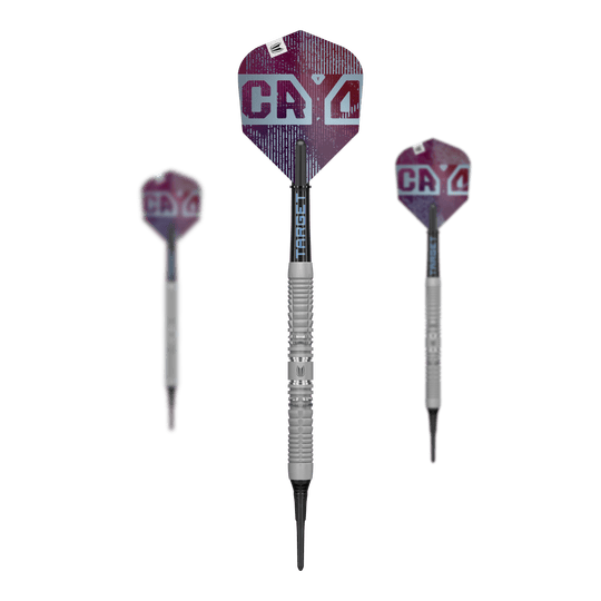 Das Bild zeigt ein Set der Target Cryo 12 Softdarts. Die Verpackung mit mehreren Darts ist sichtbar.