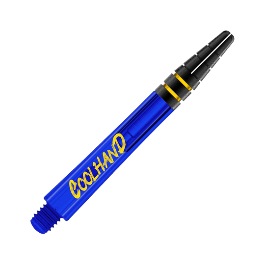Flechas Red Dragon Nitrotech Luke Humphries Coolhand - Azul Das Bild zeigt einen blauen Dart-Schaft mit der gelben Aufschrift "COOLHAND". Der obere Teil des Schafts ist schwarz mit zwei goldenen Ringen.