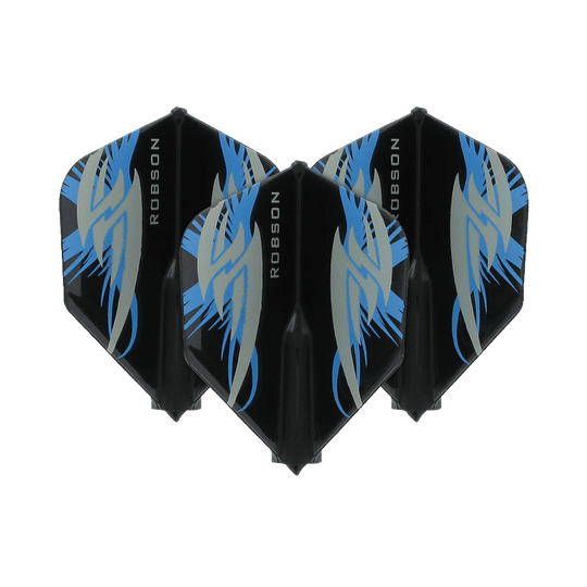 Robson Plus Flights Standard Argo Black Das Bild zeigt drei schwarze Dart-Flights der Marke Robson Plus mit blauen und grauen Mustern. Auf jedem Flight steht seitlich der Schriftzug "ROBSON".