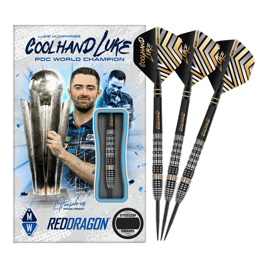 Das Bild zeigt eine Packung "Red Dragon Luke Humphries Prestige Steeldarts" mit einem Bild von Luke Humphries als PDC Weltmeister. Neben der Verpackung sind drei schwarz-silberne Steeldarts mit speziellen Flights abgebildet.