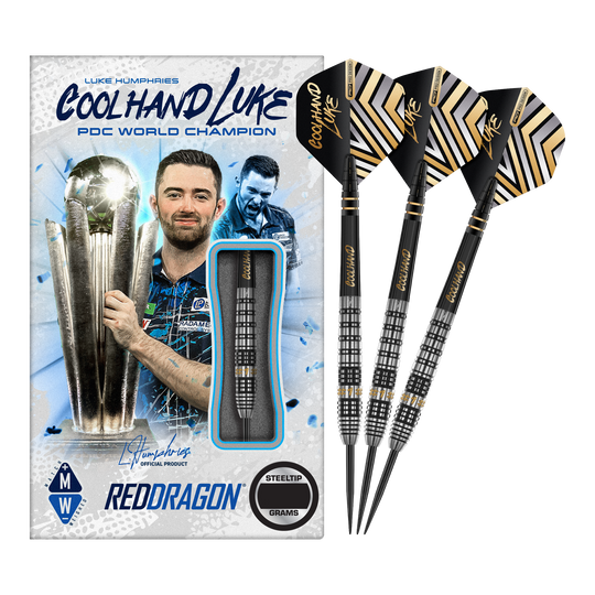 Dardos de acero Red Dragon Luke Humphries Prestige Das Bild zeigt eine Packung "Red Dragon Luke Humphries Prestige Steeldarts" mit einem Bild von Luke Humphries als PDC Weltmeister. Neben der Verpackung sind drei schwarz-silberne Steeldarts mit speziellen Flights abgebildet.