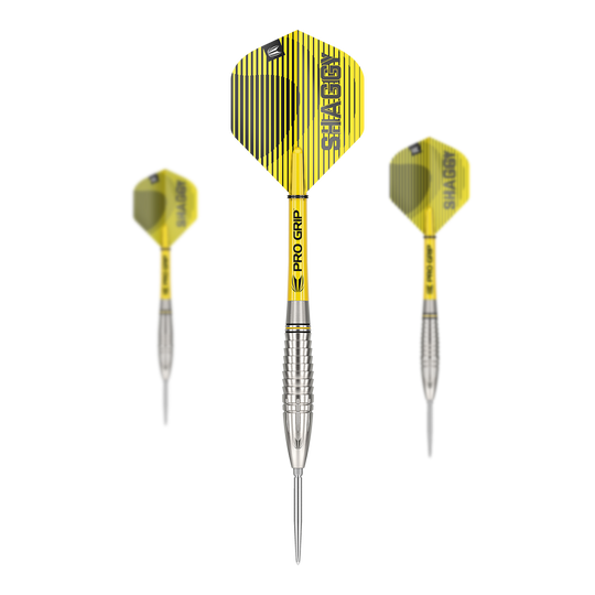 Dardos de acero Target Scott Williams GEN1 Swiss Point Das Bild zeigt drei Target Scott Williams GEN1 Swiss Point Steeldarts mit gelb-schwarzen Flights. Die Darts haben silberne Spitzen und Griffe mit „Pro Grip“-Schäften.