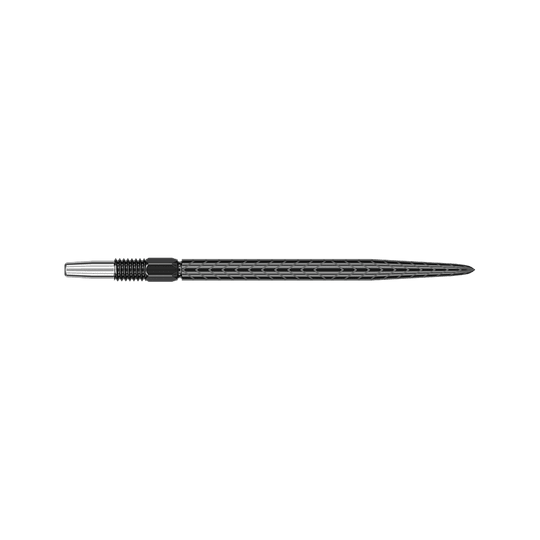 Puntas de dardos Target Swiss Point RVE - Negras Das Bild zeigt eine schwarze Dartspitze mit einem geriffelten Muster. Die Spitze ist schlank und hat ein silbernes Gewinde am hinteren Ende.