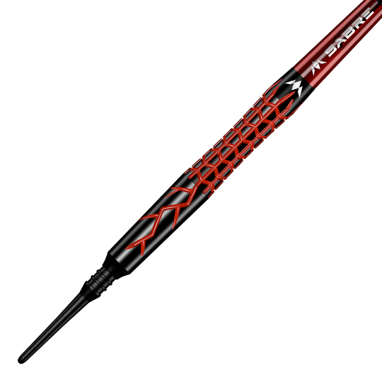 Dardos blandos Mission Lava - 20 g Das Bild zeigt den Mission Lava Softdart mit einem Gewicht von 20 Gramm. Der Dartpfeil hat ein auffälliges schwarzes und rotes Design mit geometrischem Muster auf dem Griff.