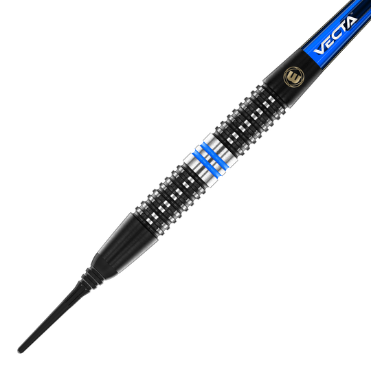 Dardos blandos Winmau Galactics - 20 g Das Bild zeigt einen Winmau Galactics Softdart mit einem Gewicht von 20 Gramm. Der Dart hat ein schwarzes Griffteil mit silbernen und blauen Akzenten.