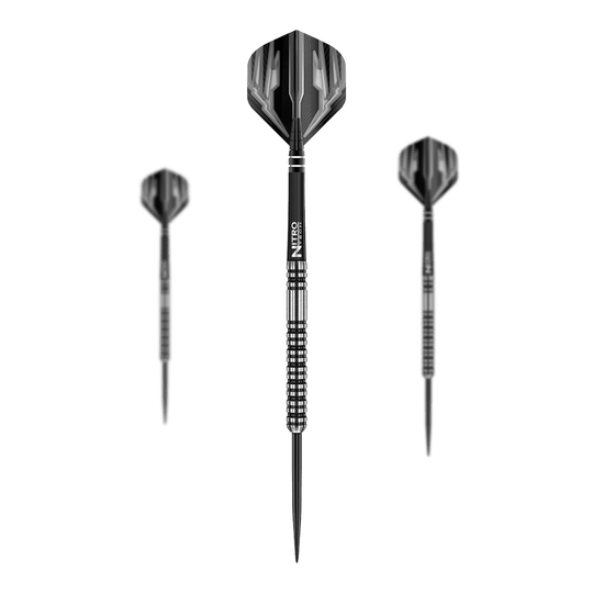 Das Bild zeigt drei Steeldarts des Modells "Red Dragon Dragonfly 3". Die Darts haben ein schwarz-silbernes Design mit strukturiertem Griff.