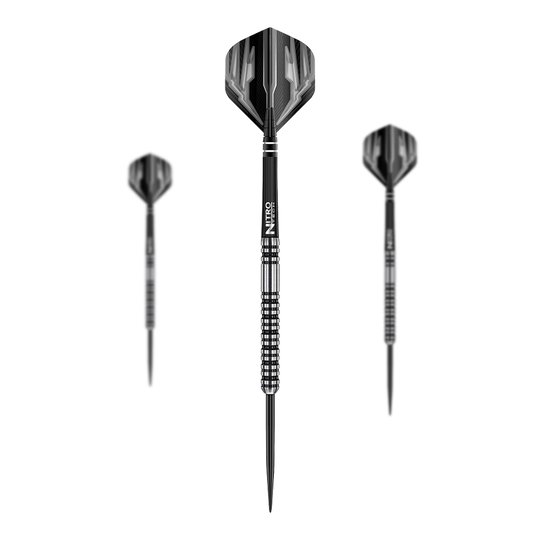 Red Dragon Dragonfly 3 dardos de acero Das Bild zeigt drei Steeldarts des Modells "Red Dragon Dragonfly 3". Die Darts haben ein schwarz-silbernes Design mit strukturiertem Griff.