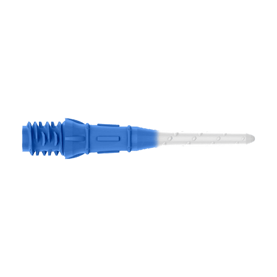 Labios de punta bicolor premium estilo L (paquete de 30) Das Bild zeigt eine Dartspitze mit zwei Farben, dunkelblau und weiß. Der hintere Teil ist dunkelblau, während der vordere Teil weiß ist.