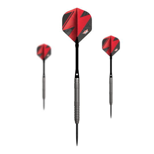 Dardos de acero Bulls NL Lightning Red Das Bild zeigt drei Steeldarts mit silbernen Griffen und roten Flights. Es handelt sich um das Produkt "Bulls NL Lightning Red Steeldarts".